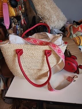 Straw Tote Bag with Red Trim and Pink Woven Strap